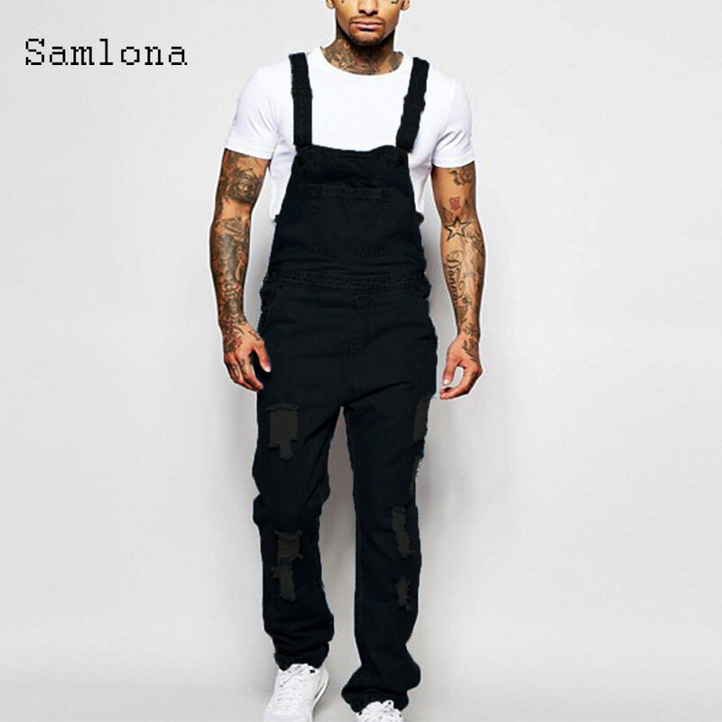 Samlona-Macacão jeans casual masculino, macacão rasgado, moda hip-hop, verão, novo, 2023