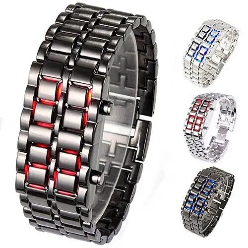 Jam tangan gelang kuarsa Digital LED Pria Wanita, arloji gelang logam Stainless Steel