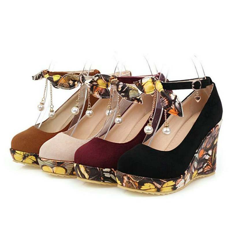 Dziewczęce buty damskie buty na wysokim obcasie modna klamra kliny damskie platformy Bowtie pompy dla kobiet buty ślubne Plus rozmiar 34-43