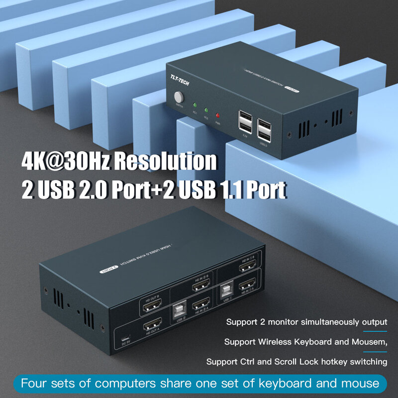 Hai Màn Hình Kvm Switch 2 Đầu Ra HDMI-Tương Thích 2 Đầu Vào Màn Hình Hỗ Trợ 4K USB2.0 Switch Kvm Cho Máy Tính