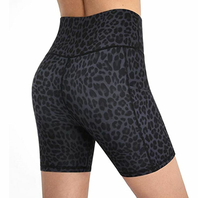 Wanita Tinggi Pinggang Perut Kontrol Yoga Pengendara Sepeda Motor Celana Pendek Leopard Kulit Ular Cetak Latihan Celana Pendek Sisi Saku Olahraga Legging