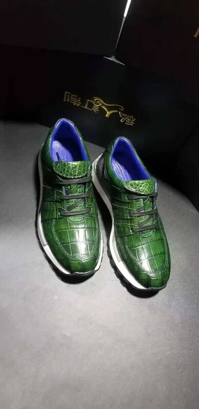 100% genuíno real pele de crocodilo sapato masculino fosco cores verdes crocodilo barriga pele dos homens moda esporte lazer sapato