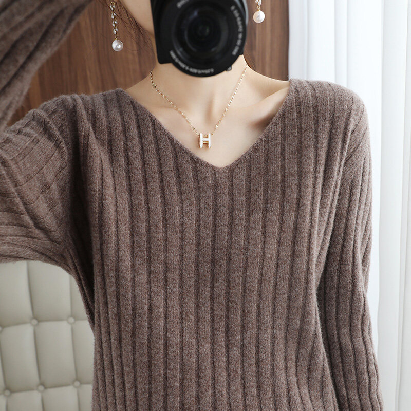 Осенне-зимняя новинка Женская Шерстяная трикотажная рубашка с V-образным вырезом и длинными рукавами Свободный пуловер свитер в западном стиле универсальные Топы