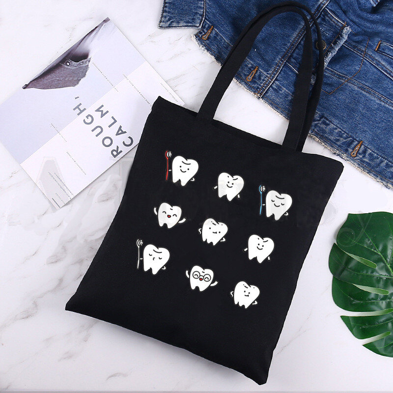 Impressão em lona preta Sacos de compras para meninas, dente e dentista saco de mão estética gráfica, pacote casual, engraçado Fashion Life