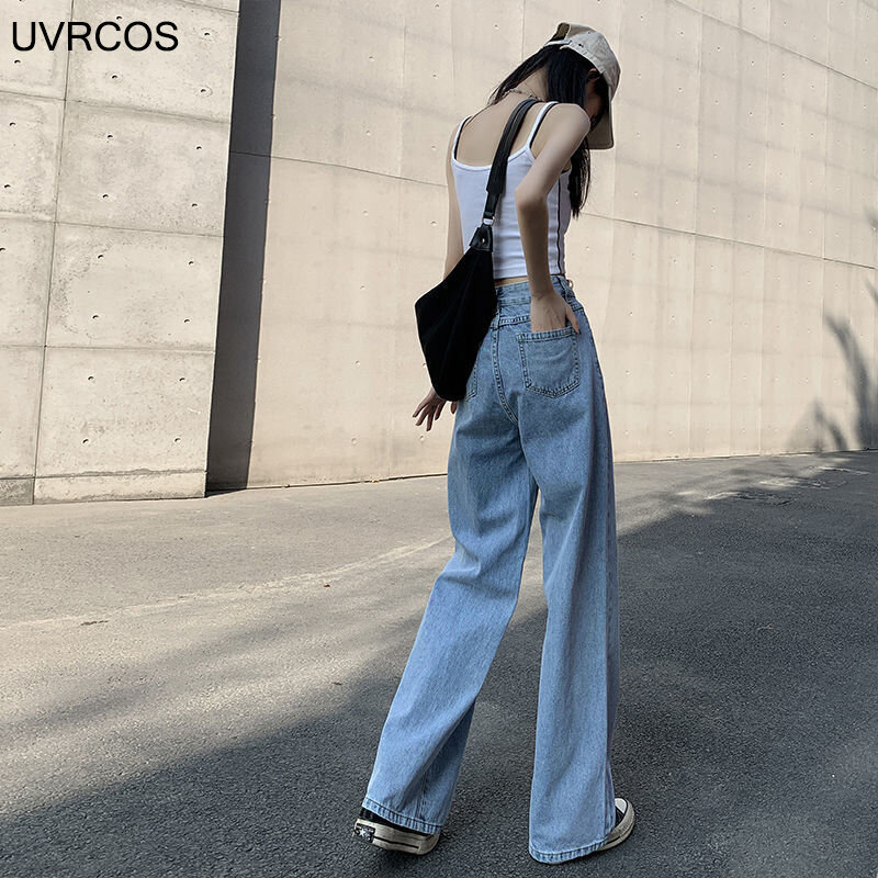 Jeans Wanita Jalanan Celana Pinggang Tinggi Kasual Jeans Lurus Biru Muda Fashion Korea Jeans Wanita Hitam Longgar Katun