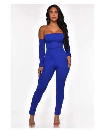 Summer new style women's clothes blue strapless backless straps jumpsuit long sleeve long pants
