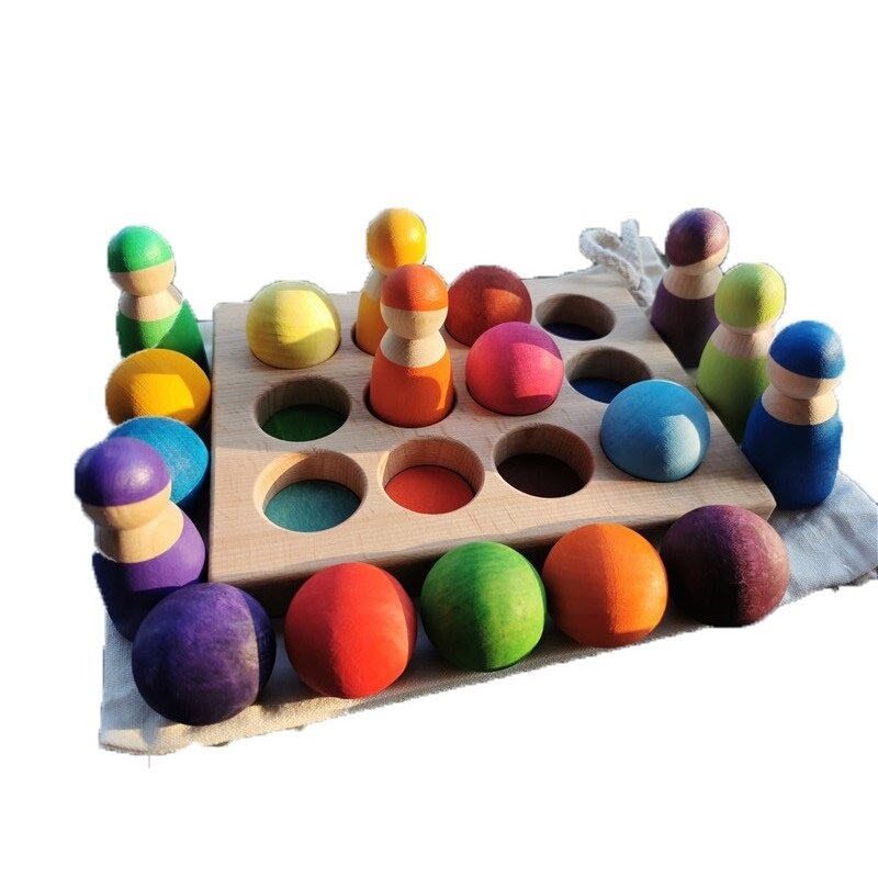 เด็กของเล่นไม้สีSortingไม้ลูกบอลRainbow & พาสเทลทรงกลมพร้อมถาดไม่เหมาะถ้วยMontessori Pegตุ๊กตาและแหวน