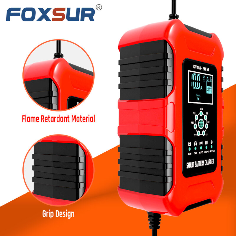 FOXSUR-cargador de batería para coche y motocicleta, dispositivo de 12V, 10a/24V, 5A, GEL AGM, húmedo, LiFePo4, plomo ácido, reparación automática de pulso, desulfatador rápido