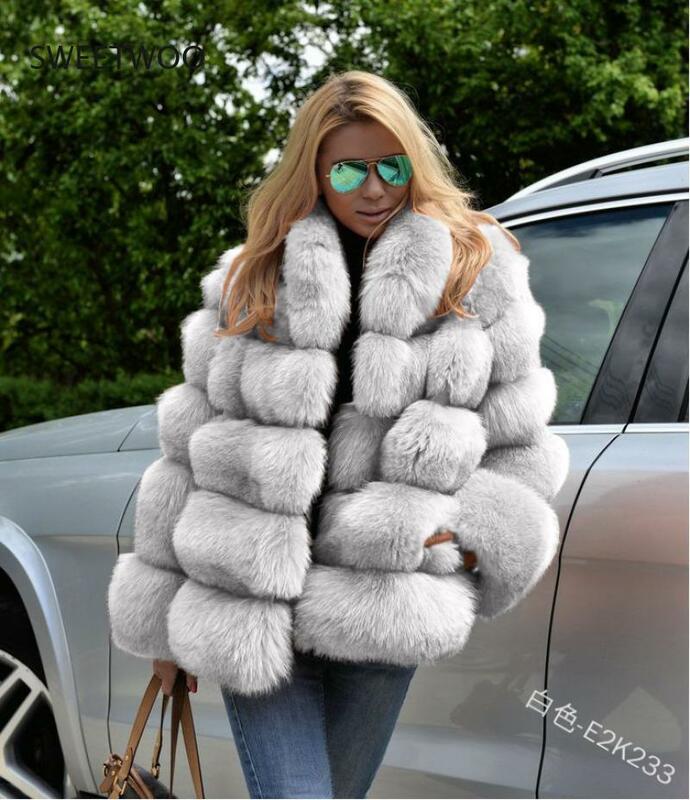 Winter Coat Women Luxury Faux Fox Fur Coat  Women Stand Fur Collar Long Sleeve Faux Fur Jacket