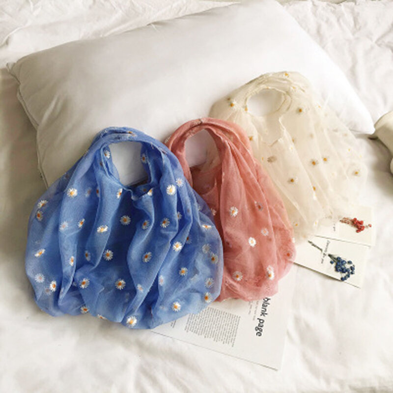 Bolsa de ombro única para mulheres e meninas, bordado de fio líquido, pequena margarida, bolsa de compras, bolsa ecológica, novo estilo