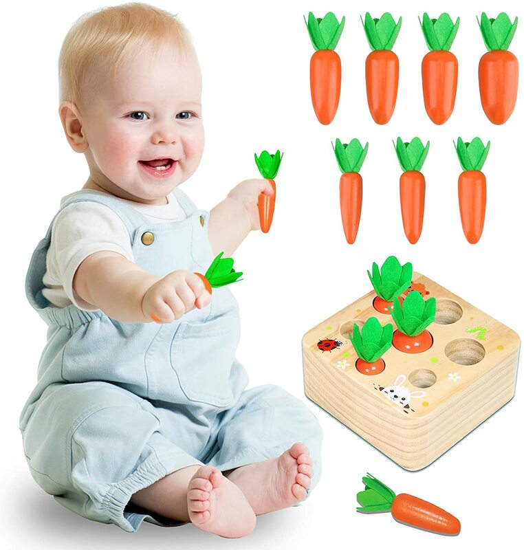 Montessori Toys for 1 Year Baby Pull Carrot Set Game Kids Wooden Toy Shape Sorting Matching Puzzle Educational Toys for Children