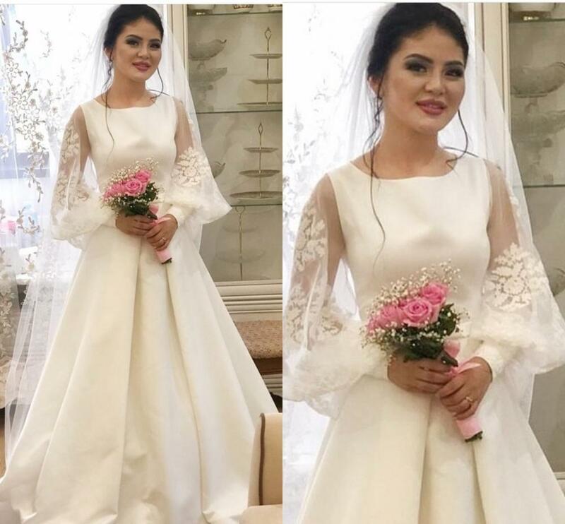 Wedding Dress Long Sleeve Satin Puff Sleeve A-Line White O-Neck Court Train Bridal Gowns Graceful Custom Made Women Brides