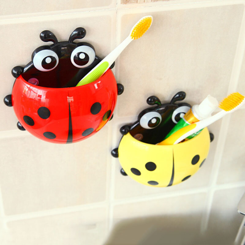 Suporte de escova de dentes para banheiro 1 peça, 4 cores, ventosa de parede, organizador de pasta de dentes, padrão ladybug de desenho animado