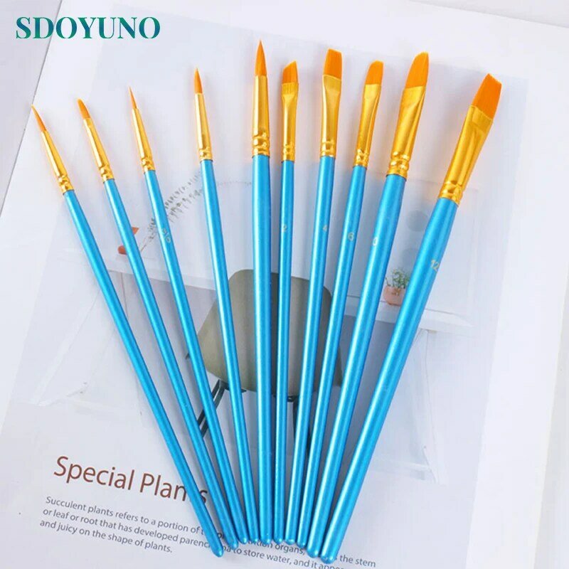 10Pcs/Set Nylon Hair Painting Brush painting by numbers Tool brushes Watercolor Gouache Paint Brushes Different Shape Round Tip