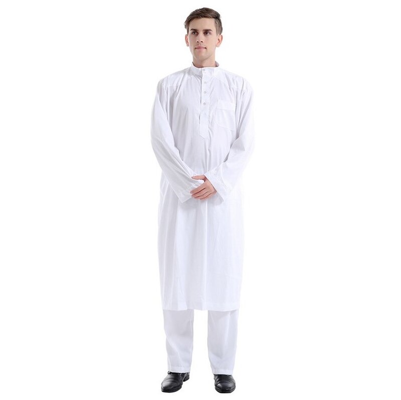 Abbigliamento islamico Uomini Abito Musulmano Thobe arabo Ramadan Costumi Solido Arabo Pakistan Arabia Saudita Abaya Maschile Manicotto Pieno Nazionale