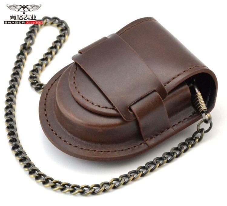 Fashion Male Back Brown Cover Vintage Classic Pocket Watch Box Holder Storage Case Coin Purse Pouch Bag With Chain Mechanical