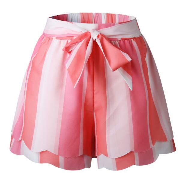 Mulheres listra impressão verão shorts sexy chiffon cintura elástica moda petal edge double-deck feminino beachwear shorts