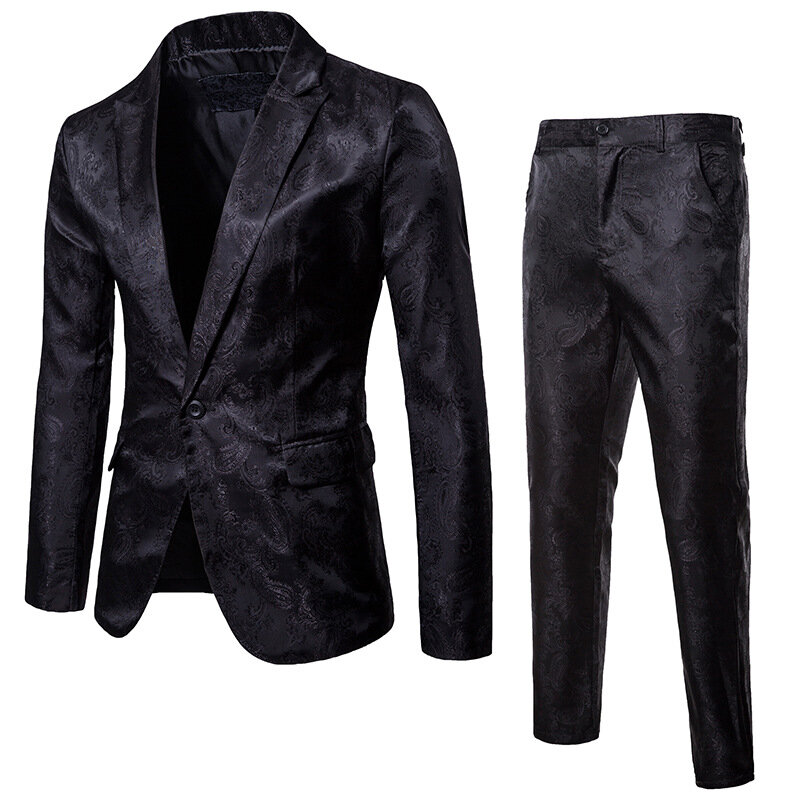 Ternos masculinos pretos com padrão de moda, 2 peças, um botão, slim fit, tuxedos de baile, para conjunto de ternos de festa (blazer + calça)