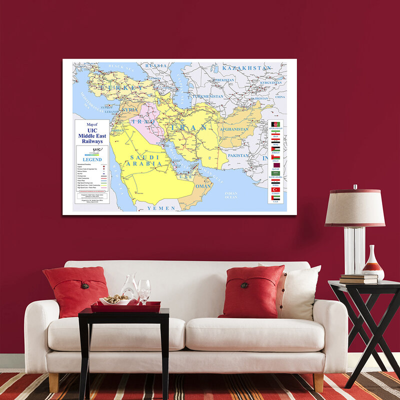 Lienzo no tejido con mapa de vías féricas de Oriente Medio, póster con tarjeta para decoración del hogar, suministros escolares para sala de estar, 150x100 Cm