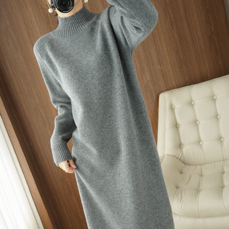 Vestido de suéter de malha meio longo feminino, pulôver reto solto feminino, roupa grossa e quente, monocromático, novo, outono, inverno, 2023