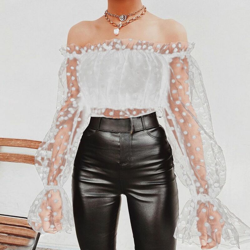 Polka Dot Larten Sleeves Off Shoulder Crop Tops Blouse See Through Mesh Tulle Patchwork Sexy Clubwear Night Date Out for Women