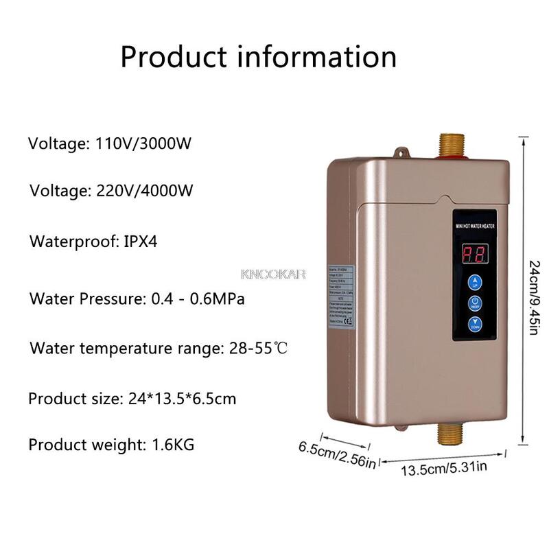 Calentador de agua eléctrico instantáneo de 110/220V, calefacción táctil inteligente, ducha caliente rápida de 3 segundos con pantalla de temperatura, 4000W