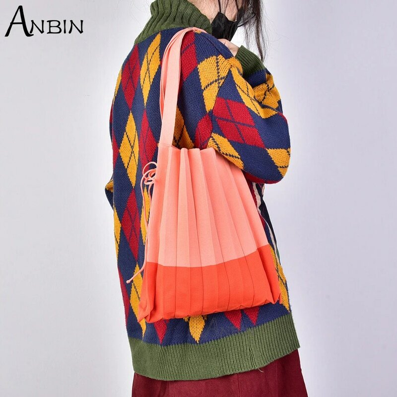 Female Wool Knitted Pleats Tote Organ Bag Designer Chic Stitching Contrast Korean Fashion Shoulder Shopper Handbag For Women