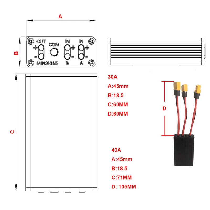 범용 20V-72V 30/40A 듀얼 배터리 연결 어댑터 스위처 모듈 배터리 용량 증가 Ebike 배터리 스위처 검정