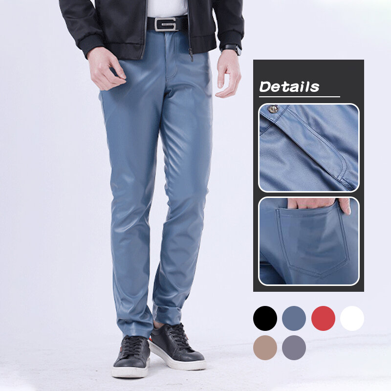 Męskie spodnie skórzane chudy krój Elasti modne spodnie ze sztucznej skóry spodnie motocyklowe wyglądające na mokre Stretch Faux Leather Streetwear