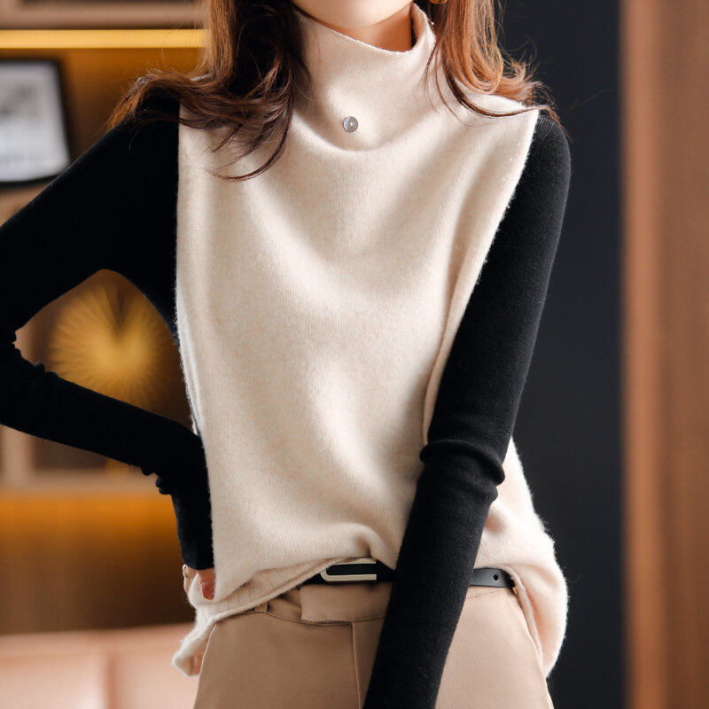 Chaleco de lana pura 2022 para mujer, Jersey elegante sin mangas de cuello alto, suéter de punto suelto de moda para otoño e invierno, gran oferta, 100%