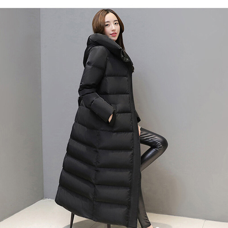 여성 슈퍼 길쭉한 자켓 겨울 퍼퍼 두꺼운 코트 블랙 빨강 후드 스타일 지퍼 유지 방한복