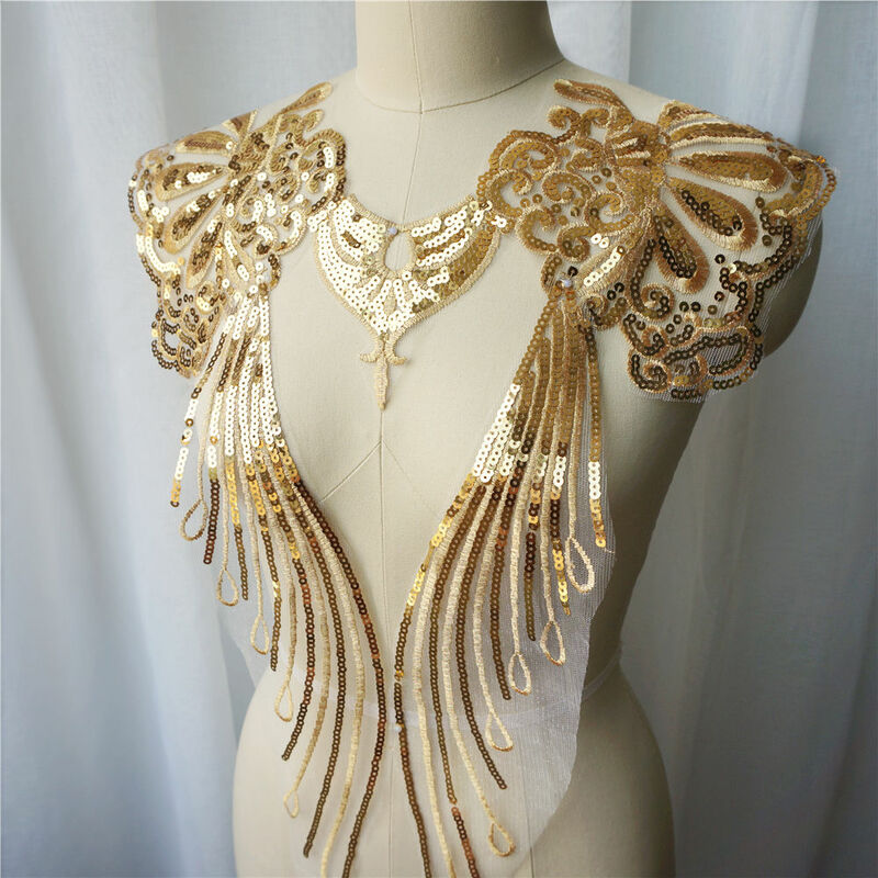 結婚式の装飾用の刺繍された金色のスパンコールのレース生地,アップリケ,ガードル,襟,メッシュの縫製パッチ,自分で作るために,1セット