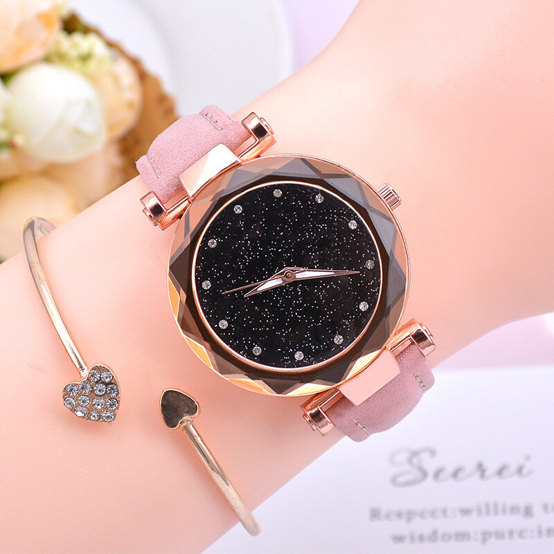 Relógio de pulso de mulheres casuais céu estrelado relógio de pulso romântico strass pulseira senhoras relógio de couro simples feminino relogio feminino
