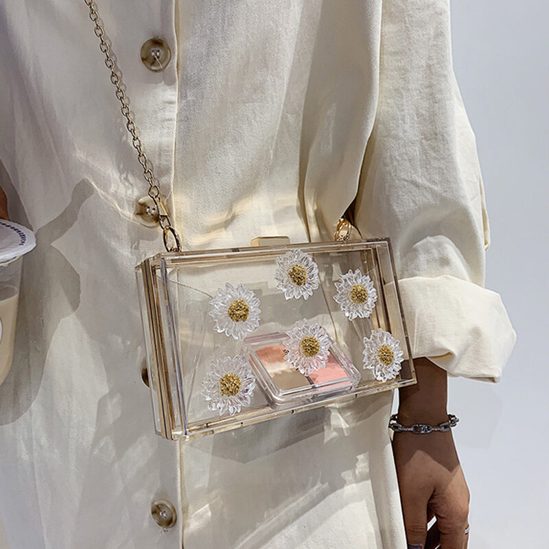 Croyance Fashion Acrylic Transparent Shoulder Bag for Women PVC Chains Crossbody Bags Mini Messenger Bag Floral Handbags Purse