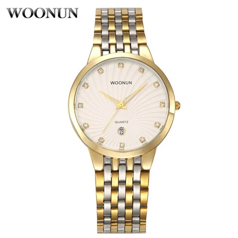 Woonun relógio masculino luxuoso com diamantes, de ouro aço inoxidável quartzo envio grátis