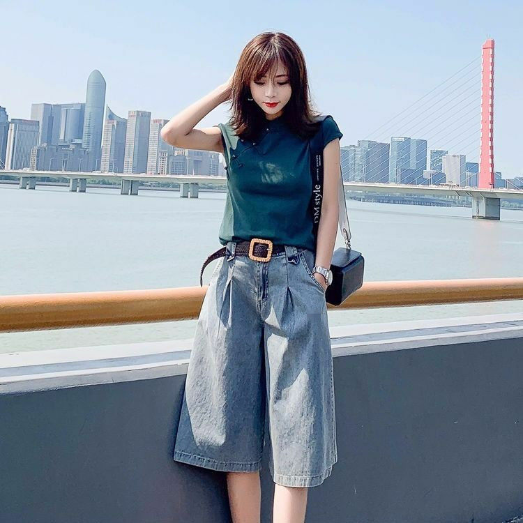 Женские джинсовые шорты до колена, уличная одежда с высокой талией и широкими штанинами, женские джинсовые шорты-бермуды в Корейском стиле на лето