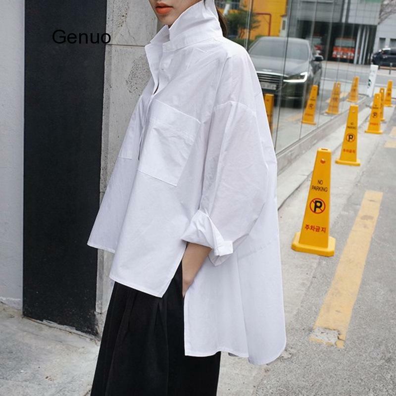 Женская Асимметричная рубашка, белая блузка с отложным воротником и длинным рукавом, Удлиненная сзади, свободного покроя, большого размера, весна-осень 2021, JU847