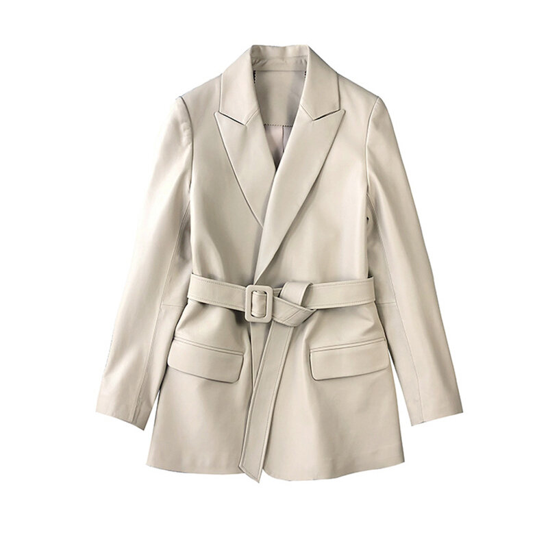 Traje de piel de cordero de diseñador para mujer, chaqueta de cuero Real de Moda, abrigo de estilo coreano de longitud media, cinturón negro/gris Beige