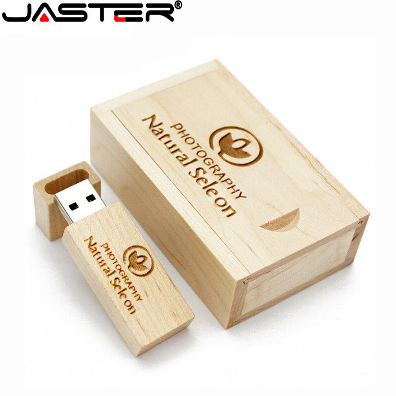 Jaster (mais de 10 pces logotipo livre) fotografia de madeira usb + caixa pen drive usb memória vara pendrive 8gb 16gb 32gb presentes de casamento