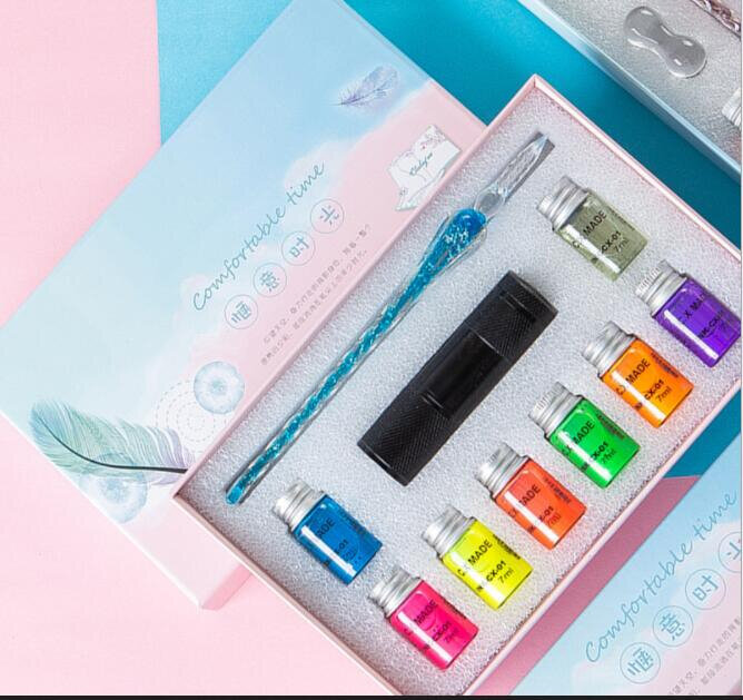 High Light Fluorescence Ink Glass Pen Gift Box Invisible Color Ink Dip Pen With UV Torch Gift Box