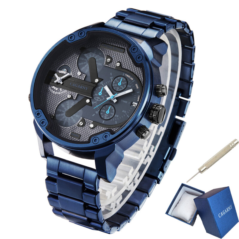 Cagarny 6820 Classic Design Quartz Watch Men Fashion Mens Wrist Watches Blue Stainless Steel Dual Times Relogio Masculino xfcs
