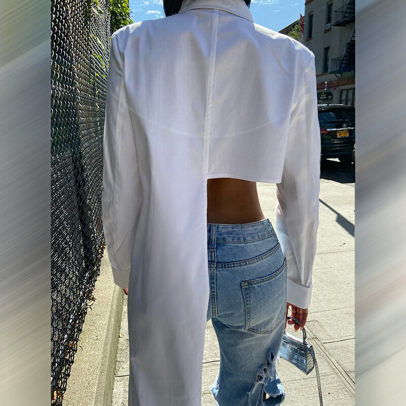 Asymmetric White Women Streetwear Crop Top Lapel Button Up Long Sleeve Autumn Winter Cardigans Young Girl Shirt Tees