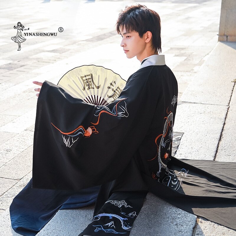 Conjunto de ropa tradicional china para hombre, estampado de dragón, Harajuku, Vintage antiguo, Hanfu chino, rendimiento