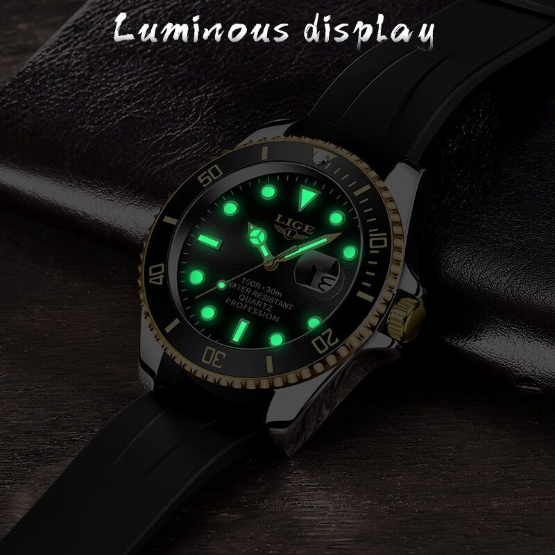 LIGE-남성 시계 비즈니스 24 시간 날짜 방수 시계 패션 스테인레스 스틸 쿼츠 골드 시계 남성용 Relogio Masculino