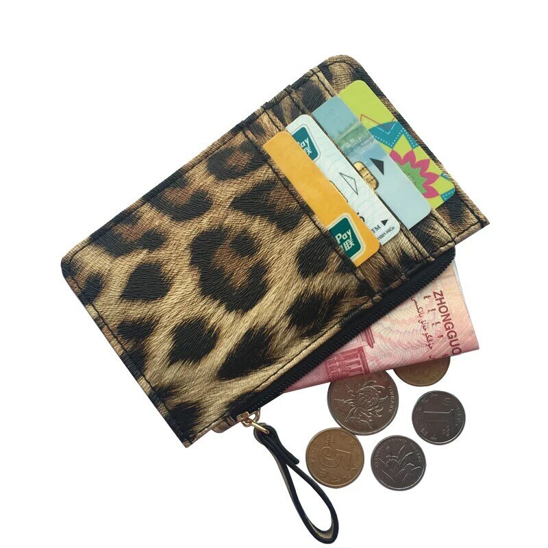 Monedero pequeño de cuero con estampado de leopardo para hombre y mujer, billetera delgada con cremallera, tarjetero de negocios, bonito regalo