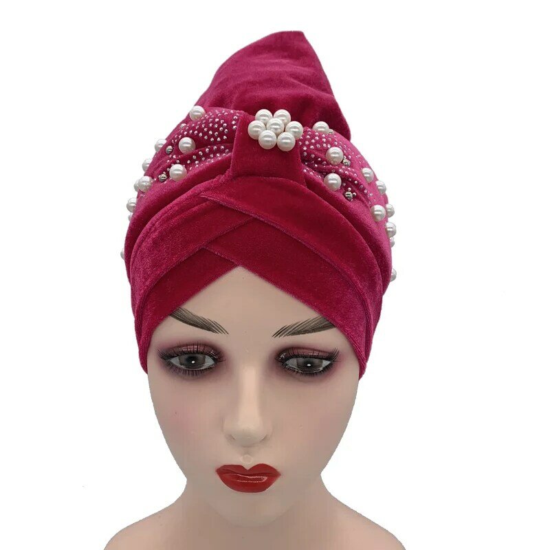 2022 Lastest Beading Turban Bonnet for Women Soft Velvet Hijab Turbans Muslim Head Wraps Islamic Headwear Turbante Mujer
