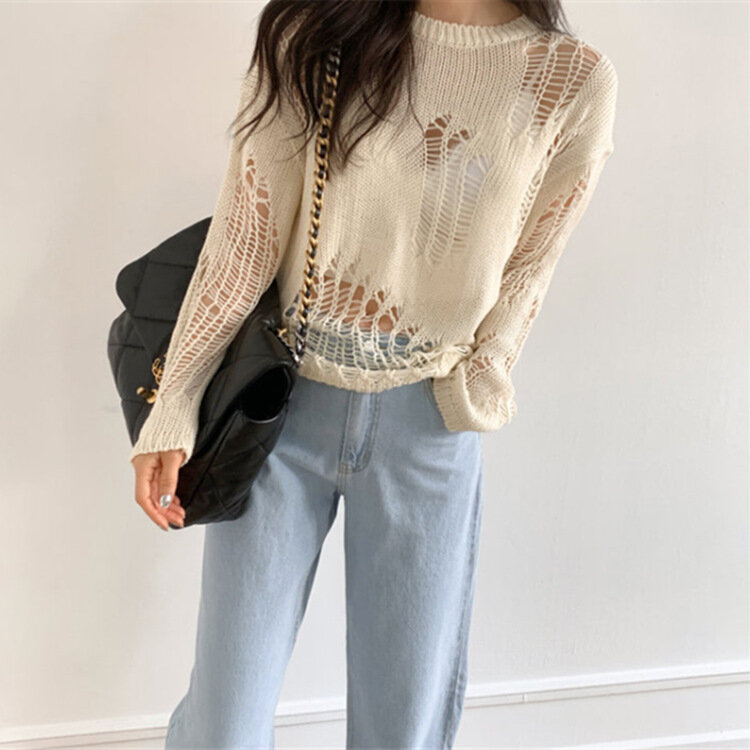 Autumn 2021 New women's wear loose holes thin hollowed-out long-sleeved sweater blouse turtleneck sweate