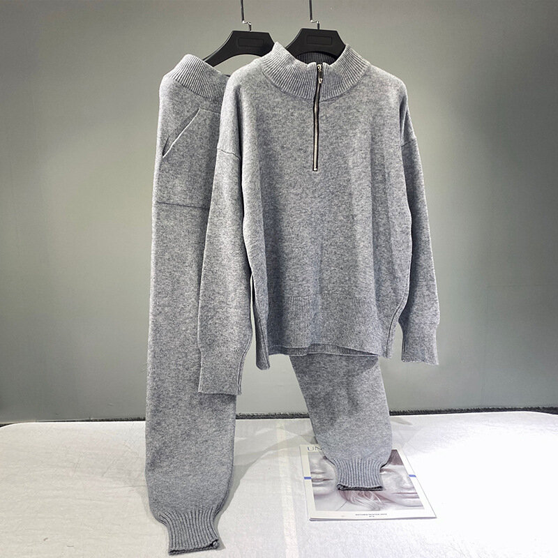 Wanita Rajutan Dua Potong Suit 2021 Baru Hangat Tinggi Leher Rajutan Setengah Zipper Sweter dan Celana Panjang dua Potong Baju Wanita