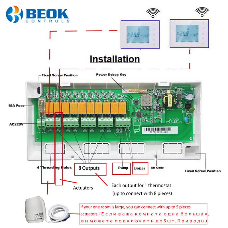 Chaudière à gaz intelligente série BOT306, Thermostat WIFI sans fil et contrôleur de moyeu à 8 sous-chambres, Central et actionneurs pour le chauffage au sol