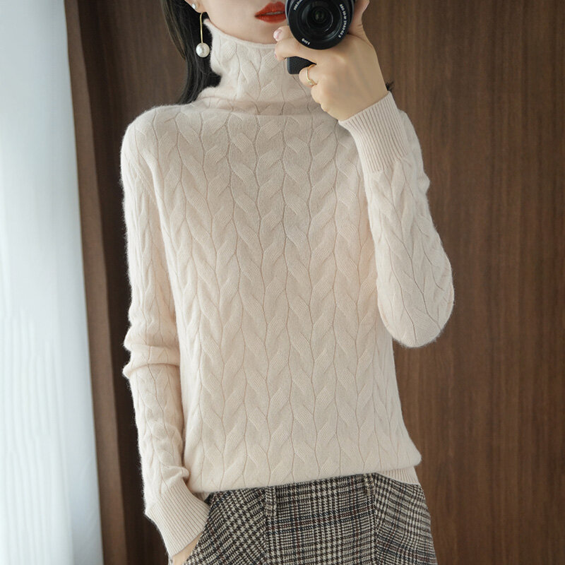 タートルネックの女性用長袖セーター,無地,ゆったりとしたフィット感,大きなサイズの韓国スタイルの秋冬セーター